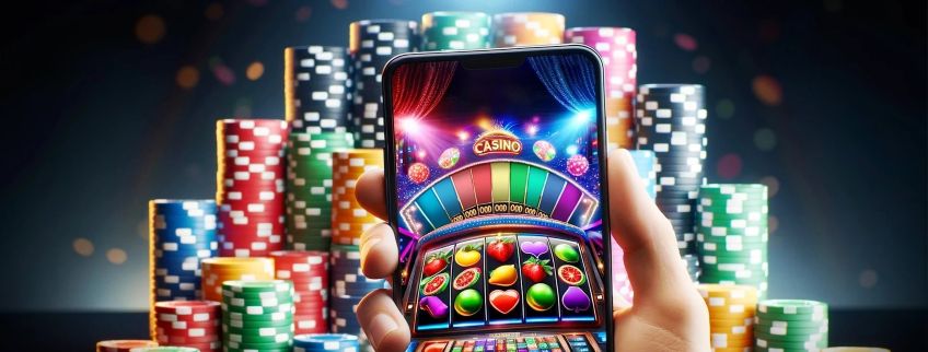 online casino in een mobiele telefoon tegen de achtergrond van casinofiches